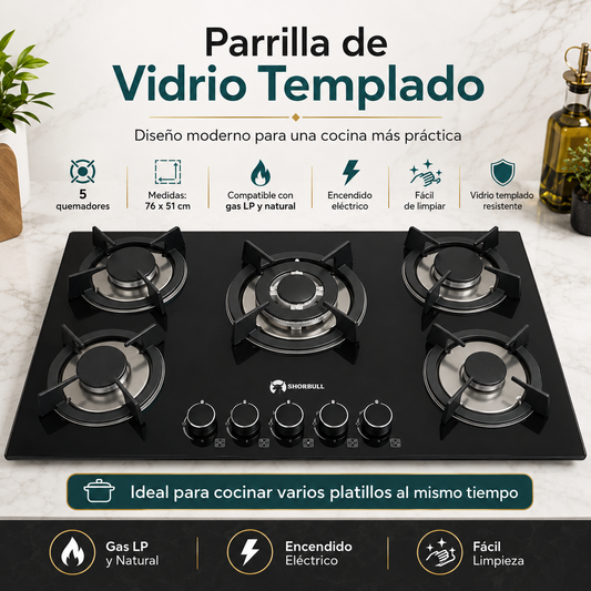 Parrilla 5 Quemadores Vidrio Templado | Shorbull