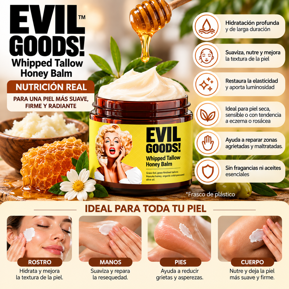 Evil Goods Crema de Sebo y Miel | Hidratación Profunda Para Piel Seca